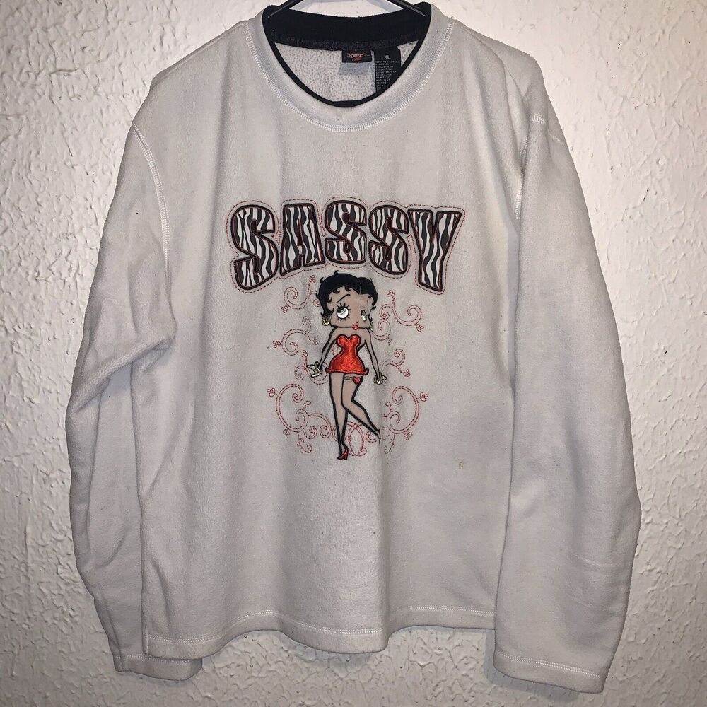 Vintage 2007 Betty Boop Sassy Cartoon White Fleece Pullover Sweatshirt XL